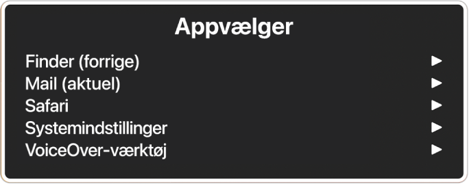 Appvælgeren med fem åbne apps, herunder Finder og Systemindstillinger. Til højre for hvert emne på listen er en pil.