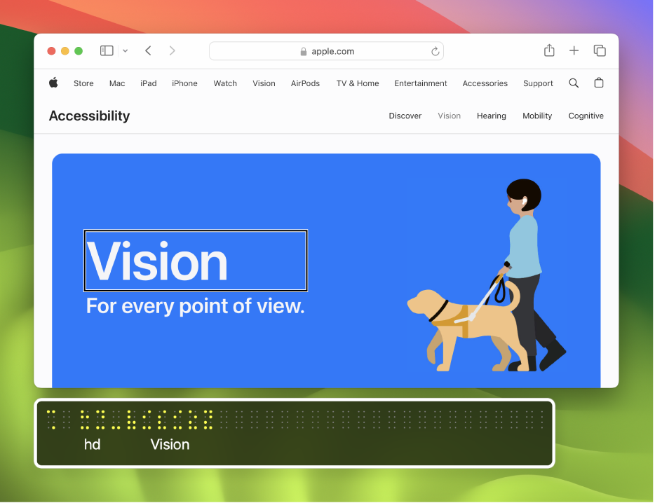 The braille panel showing what is in the VoiceOver cursor on a webpage. The braille panel displays simulated yellow braille dots, with corresponding text below the dots.