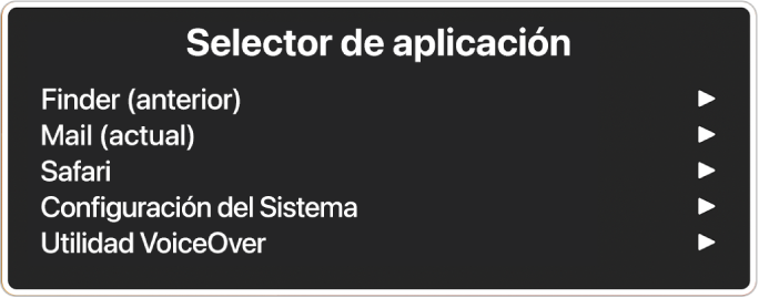 El Selector de aplicación mostrando cinco aplicaciones abiertas, incluido el Finder y Configuración del Sistema. A la derecha de cada elemento en la lista hay una flecha.