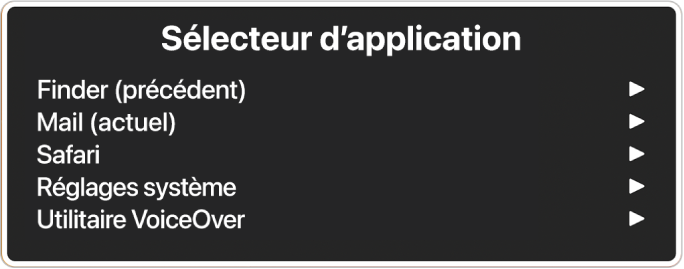 Le sélection d’application qui répertorie cinq applications ouvertes, notamment le Finder et Réglages système. Une flèche apparaît à droite de chaque élément de la liste.