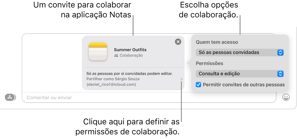 Um grande plano do campo de mensagem de texto na parte inferior da conversa na aplicação Mensagens. Há um convite para colaborar numa nota. Pode clicar no lado direito do convite para definir permissões de colaboração.