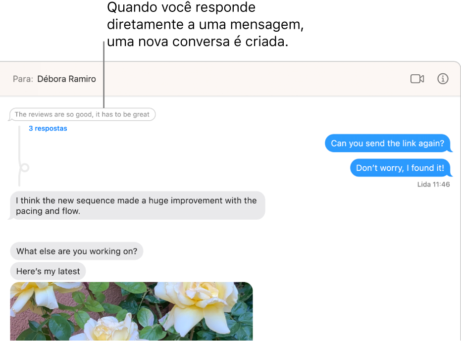 A janela da aplicação Mensagens a mostrar uma conversa com um novo tópico abaixo de uma mensagem específica.