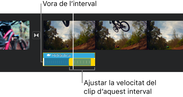 Un interval de velocitat amb tiradors d’interval grocs en un clip d’àudio a la línia de temps, amb línies blanques al clip que indiquen les vores de l’interval.
