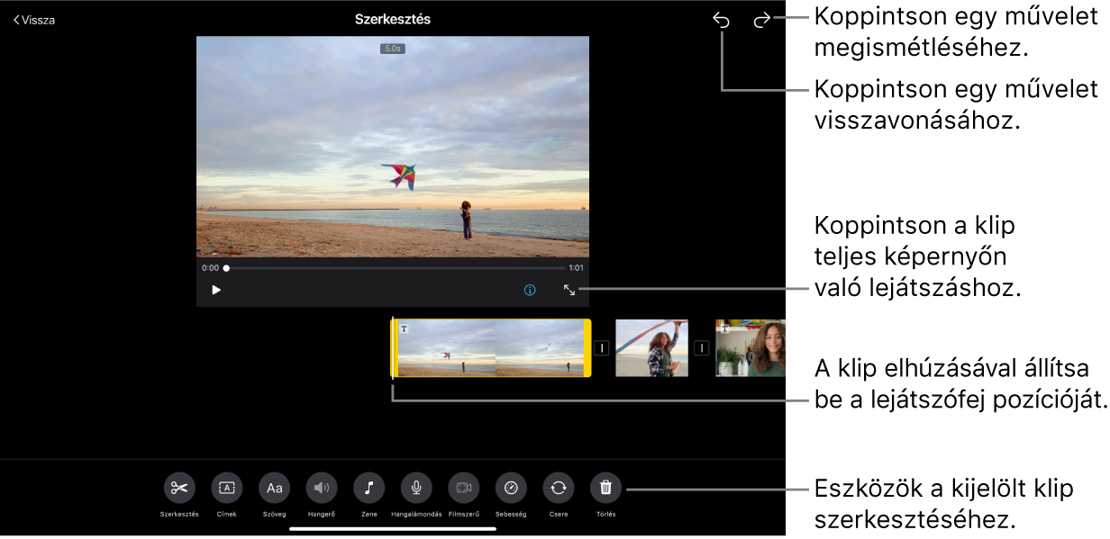Egy storyboard projekt egyik klipje szerkesztés alatt áll, és a megtekintőben a klip előnézete látható. A képernyő alján a klip szerkesztésére szolgáló gombok láthatók.