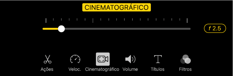 O controle deslizante de Profundidade de Campo, disponível ao tocar no botão Cinema.