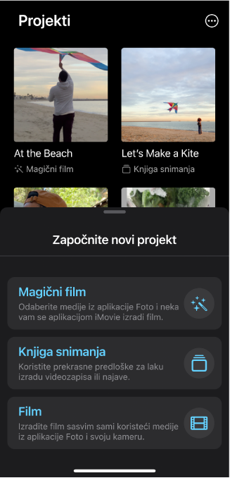 Preglednik projekata prikazuje minijature postojećih projekata i tipku Započnite novi projekt ispod.