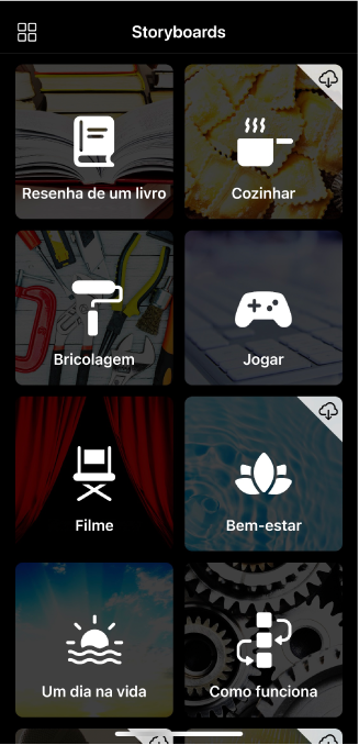 Opções de storyboard.