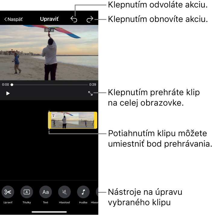 Prebieha úprava klipu vo videomontáži. Zobrazovač ukazuje náhľad klipu. V dolnej časti obrazovky sú tlačidlá na úpravu klipu.
