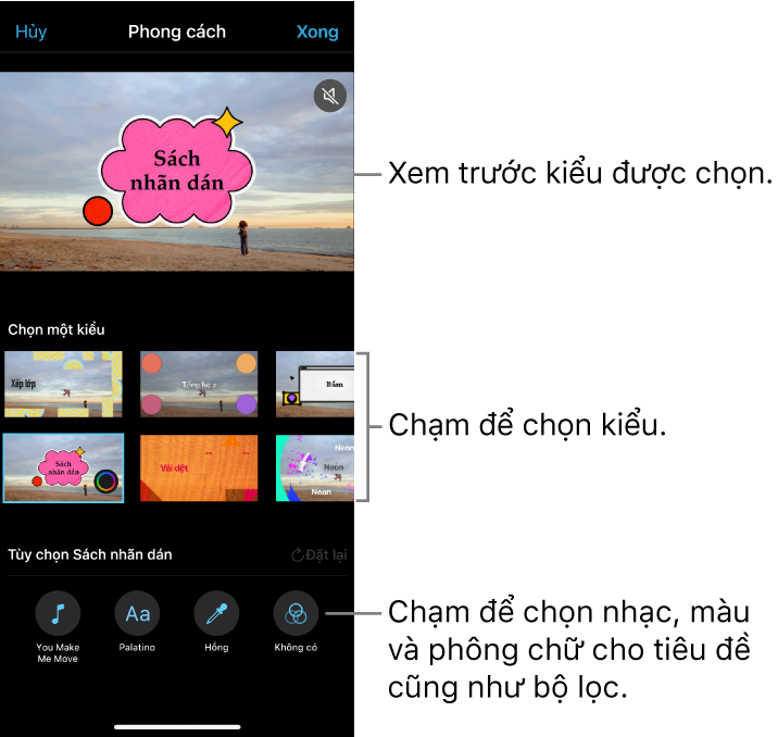 Trình xem đang hiển thị bản xem trước của kiểu được chọn, với các tùy chọn kiểu bên dưới. Các nút để thêm nhạc, chọn màu và phông chữ cho tiêu đề cũng như thêm bộ lọc nằm ở cuối màn hình.