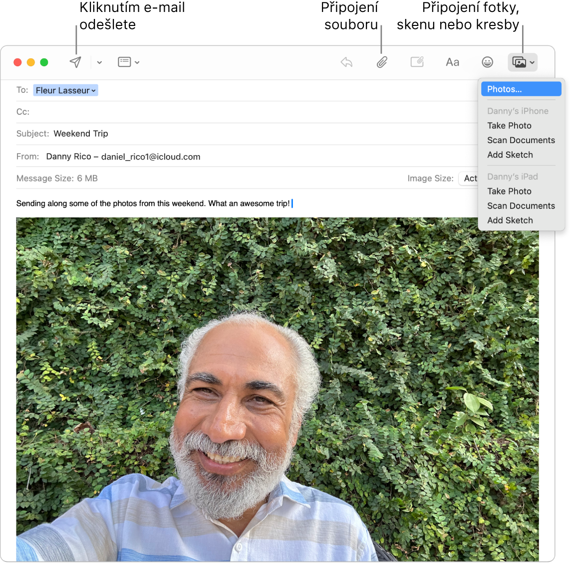 Okno Mailu s rozepsaným konceptem nové zprávy. Místní nabídka zobrazuje volby pro přiložení fotek, pořízení fotky, naskenování dokumentu nebo přidání kresby z Dannyho iPhonu nebo iPadu