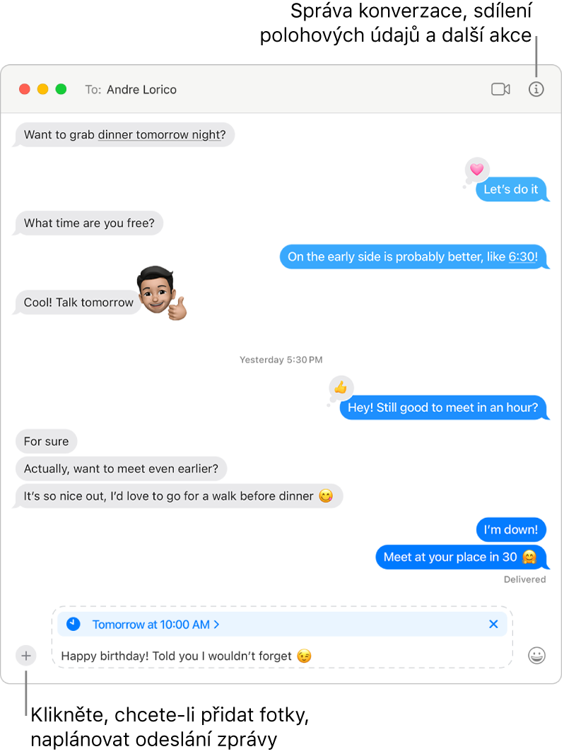 Okno aplikace Zprávy zobrazující konverzaci. Odeslání zprávy je naplánováno na Zítra v 10:00. Ve zprávě stojí „Všechno nejlepší k narozeninám! Říkala jsem ti, že nezapomenu.“