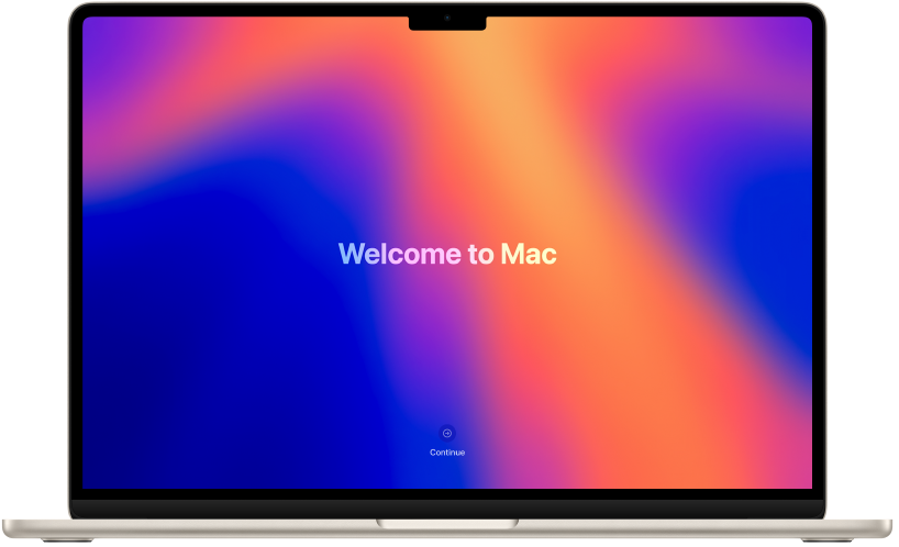 Otevřený MacBook Air; na obrazovce je vidět slovo „hello“ a tlačítko „Get Started“ (Začínáme).