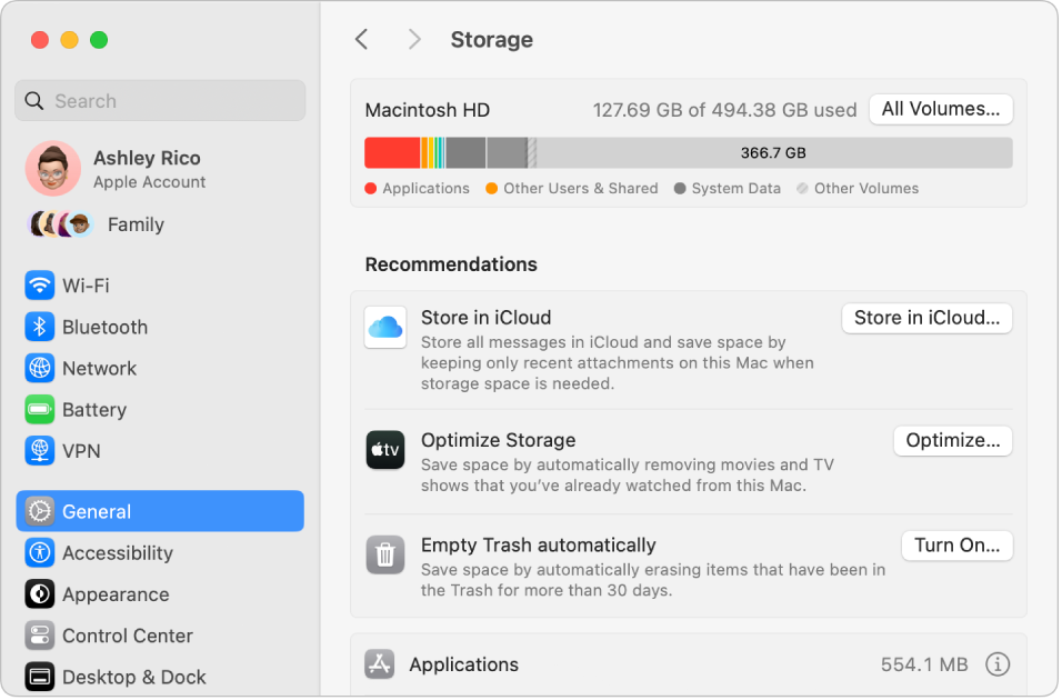 Die Empfehlungen-Einstellungen für den Speicher mit den Optionen „In iCloud speichern“, „Speicher optimieren“ und „Papierkorb automatisch leeren“.