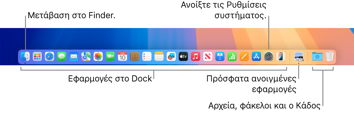 Το Dock, όπου φαίνονται το Finder, οι Ρυθμίσεις συστήματος, και το διαχωριστικό στο Dock που διαχωρίζει τις εφαρμογές από τα αρχεία και τους φακέλους.