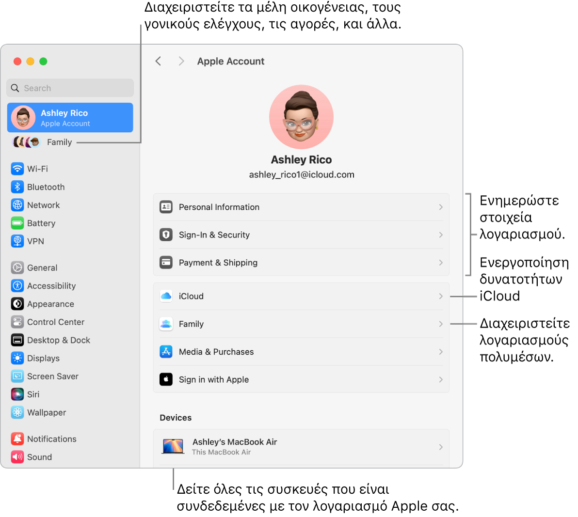 Οι ρυθμίσεις λογαριασμού Apple στις Ρυθμίσεις συστήματος με επεξηγήσεις για ενημέρωση των στοιχείων λογαριασμού, ενεργοποίηση ή απενεργοποίηση δυνατοτήτων iCloud, διαχείριση λογαριασμών πολυμέσων, και η Οικογένεια όπου μπορείτε να διαχειριστείτε τα μέλη οικογένειας, τον γονικό έλεγχο, τις αγορές και πολλά άλλα.