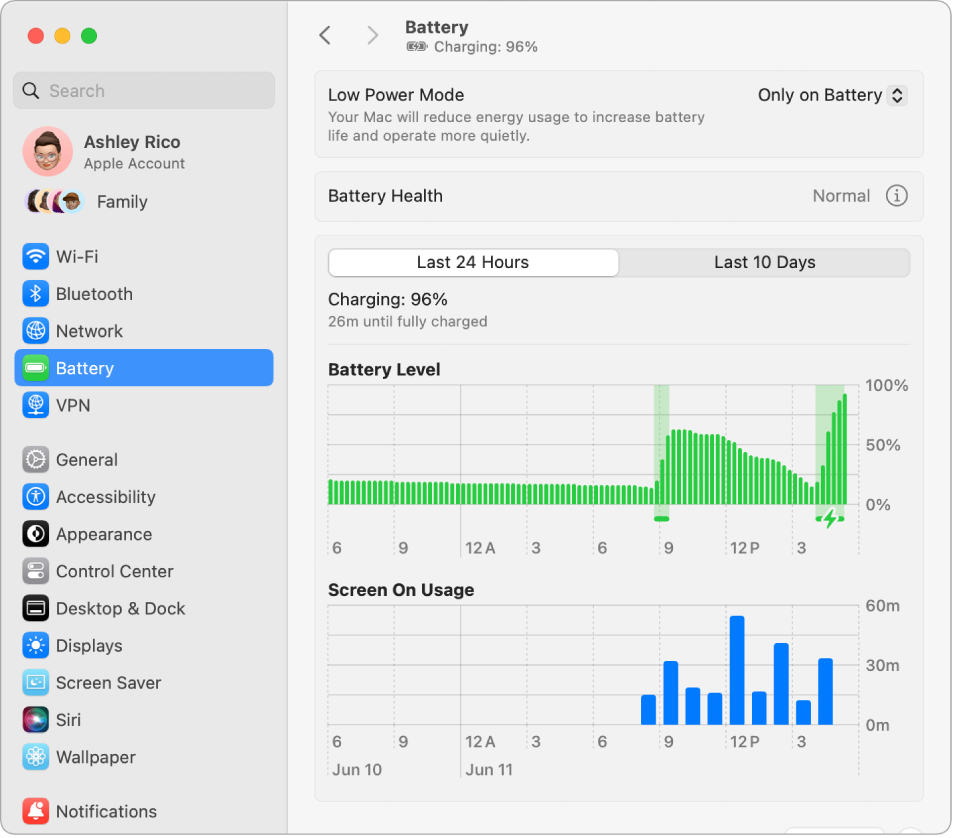 Aknas Battery Settings kuvatakse viimase kümne päeva energiakasutus. Aknas näidatakse ka, et Battery Health on korras ning seal on valik Low Power Mode'i sisselülitamiseks.