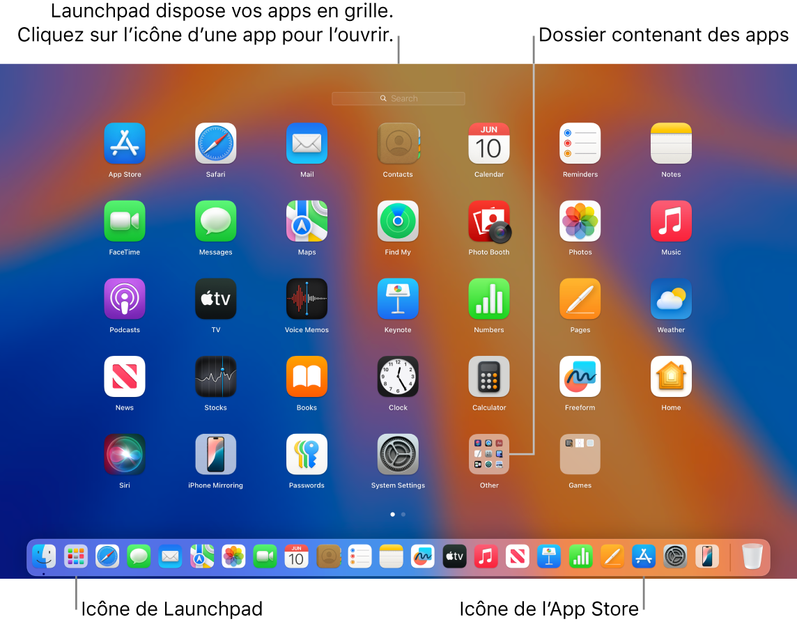 L’icône Launchpad dans le Dock et une fenêtre Launchpad ouverte affichant plusieurs apps organisées dans une grille sur l’écran d’un Mac.