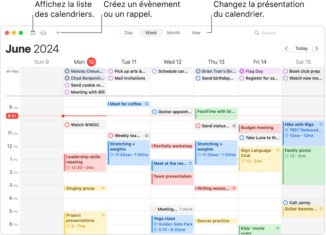 Une fenêtre Calendrier montrant tous les évènements et rappels programmés pour la semaine. Des flèches pointent vers les boutons qui permettent d’afficher la liste de calendriers, de créer un évènement ou un rappel, et de changer la présentation par jour, par semaine, par mois ou par an.