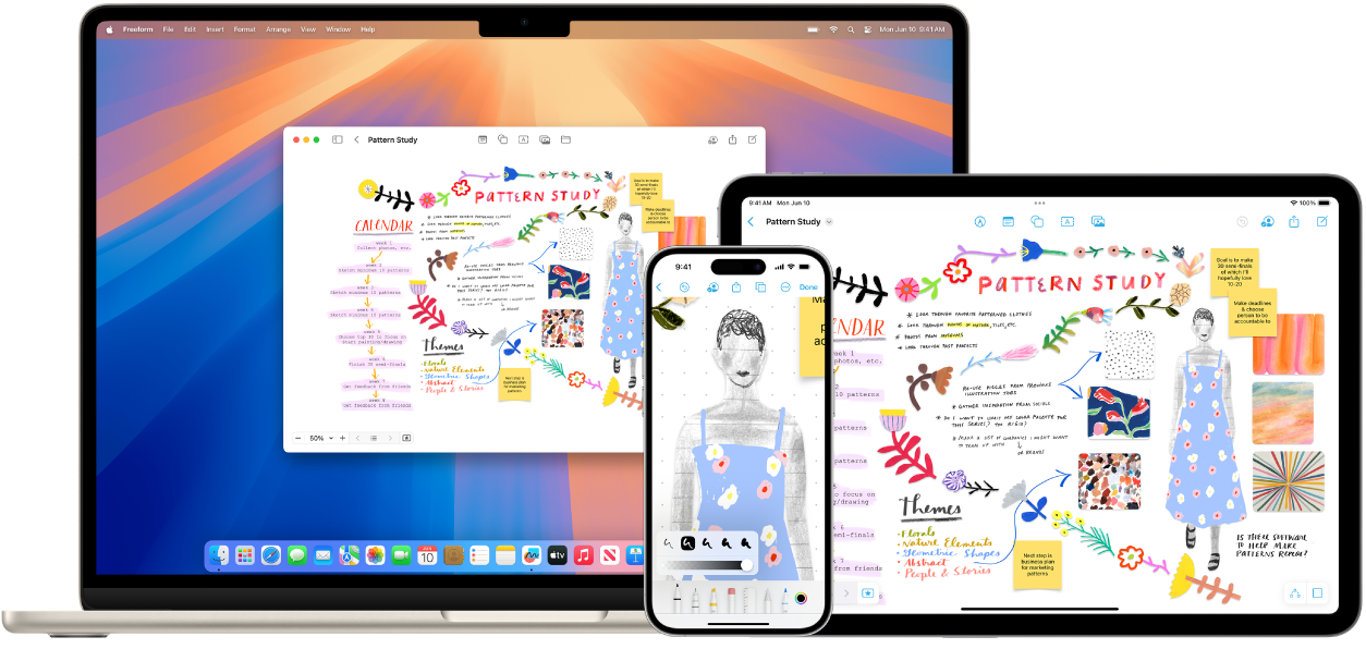 Mac, iPhone et iPad affichant le même tableau Freeform.