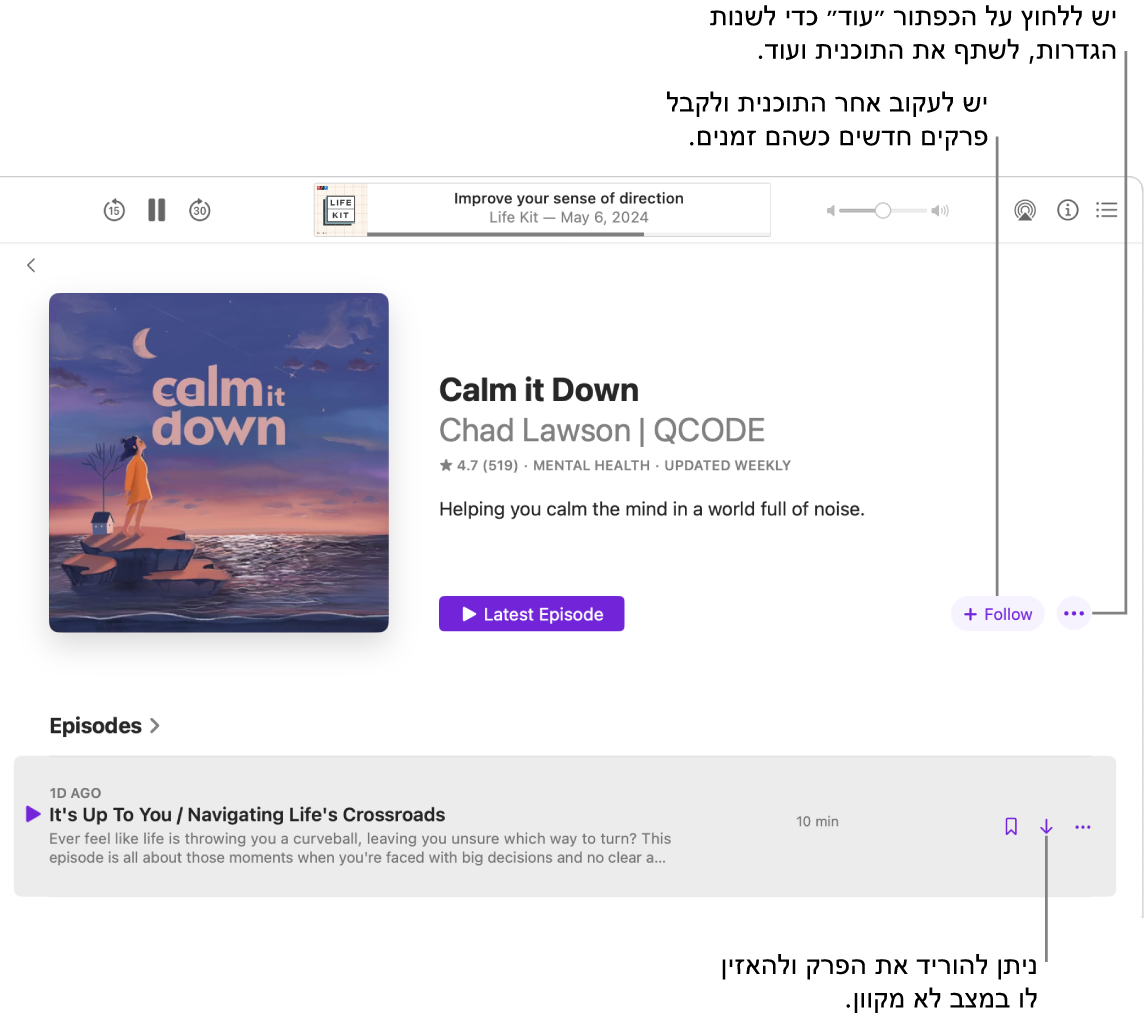 חלון של היישום ״פודקאסטים״ שמוצג בו פרק של פודקאסט. חלוניות הסבר מצביעות אל הכפתורים ״הורדה״, ״מעקב״ ו״עוד״.