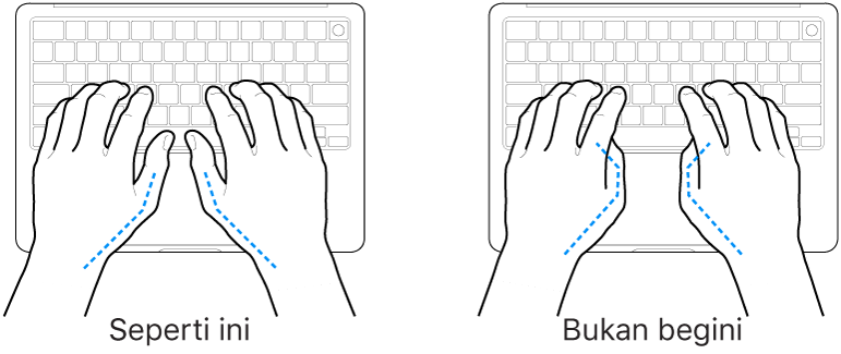 Tangan diposisikan di atas papan ketik, menampilkan letak ibu jari yang benar dan salah.