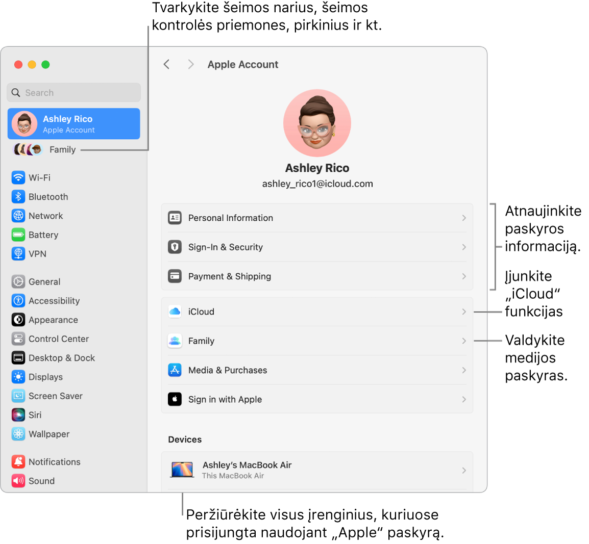 Skiltyje „Sistemos nustatymai“ pateikiami „Apple“ paskyros nustatymai su šaukiniais, skirtais atnaujinti paskyros informaciją, įjungti arba išjungti „iCloud“ funkcijas, tvarkyti medijos paskyras, ir „Šeima“, kur galite tvarkyti šeimos narius, tėvų kontrolę, pirkinius ir kt.