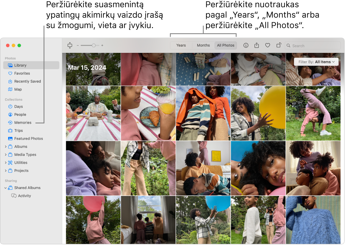 „Photos“ langas: kairėje esančioje šoninėje juostoje rodoma funkcija „Memories“, o „Photos“ lango viršuje pateikiamas iškylantysis meniu, kuriame nuotraukas galite peržiūrėti pagal dieną, mėnesį ir metus.