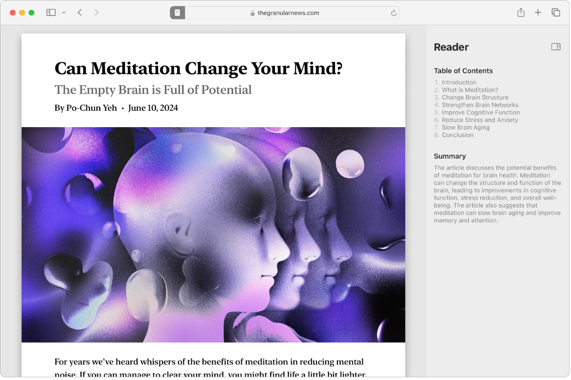 Een Safari-venster met de vernieuwde Safari Reader. Rechts van het artikel staat de door de Reader gegenereerde inhoudsopgave en een samenvatting van het artikel.