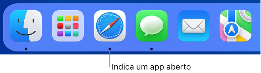 Uma parte do Dock exibindo pontos pretos abaixo dos apps abertos.