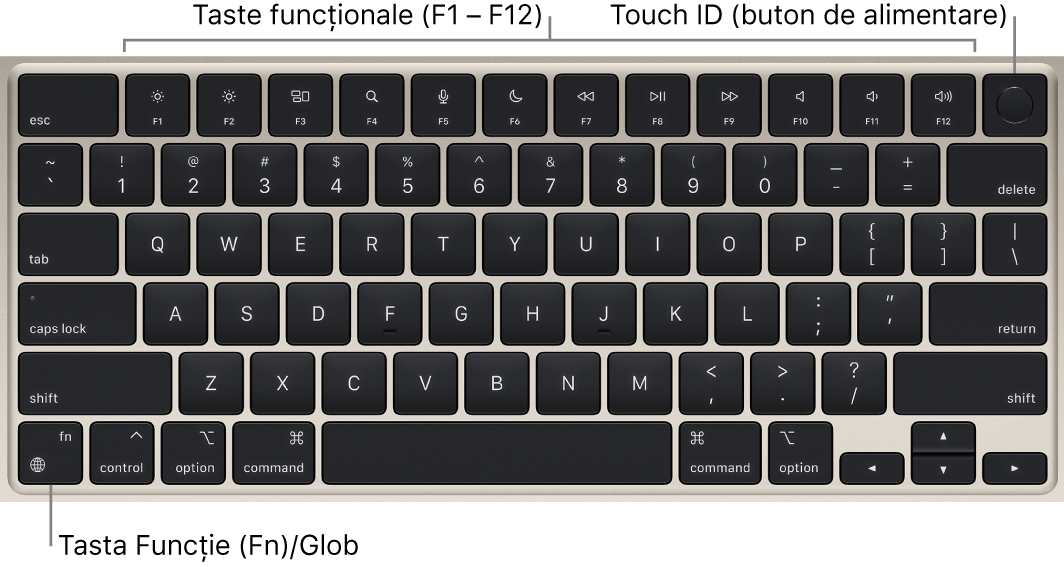 Tastatura MacBook Air-ului afișând rândul de taste funcționale și Touch ID (butonul de alimentare) în partea de sus și tasta Funcție (Fn)/Glob în colțul din stânga jos.