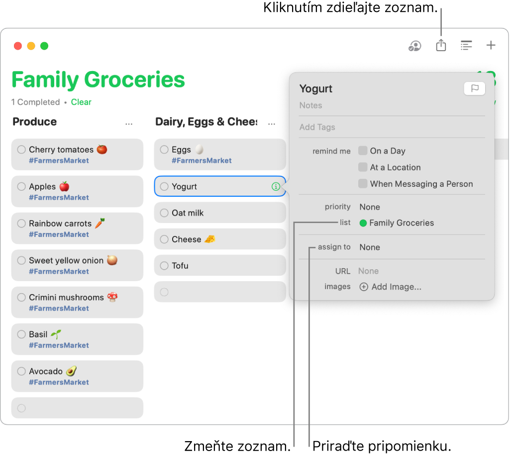 Okno apky Pripomienky zobrazujúce detaily pre pripomienku v zdieľanom zozname Potraviny.