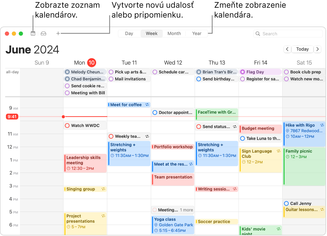 Okno apky Kalendár zobrazujúce všetky udalosti a pripomienky naplánované na tento týždeň. Šípky smerujú na tlačidlá, ktoré zobrazujú zoznam v kalendári, vytvárajte udalosť alebo pripomienku a zmeňte zobrazenie na Deň, Týždeň, Mesiac alebo Rok.