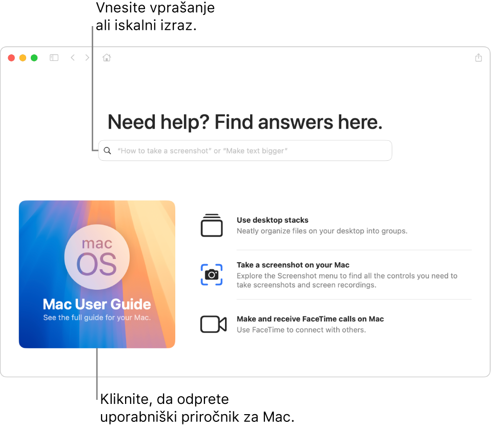 Stran z dobrodošlico uporabniškega priročnika Mac s prikazom povezave do kazala z vsebino.
