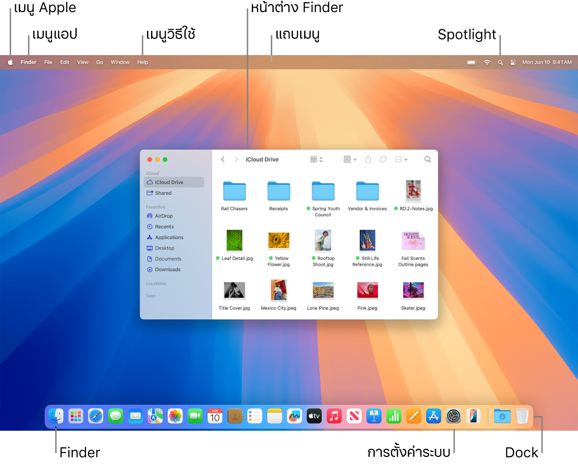 หน้าจอ Mac ที่แสดงเมนู Apple, เมนูแอป, เมนูวิธีใช้, หน้าต่าง Finder, แถบเมนู, ไอคอน Spotlight, ไอคอน Finder, ไอคอนการตั้งค่าระบบ และ Dock