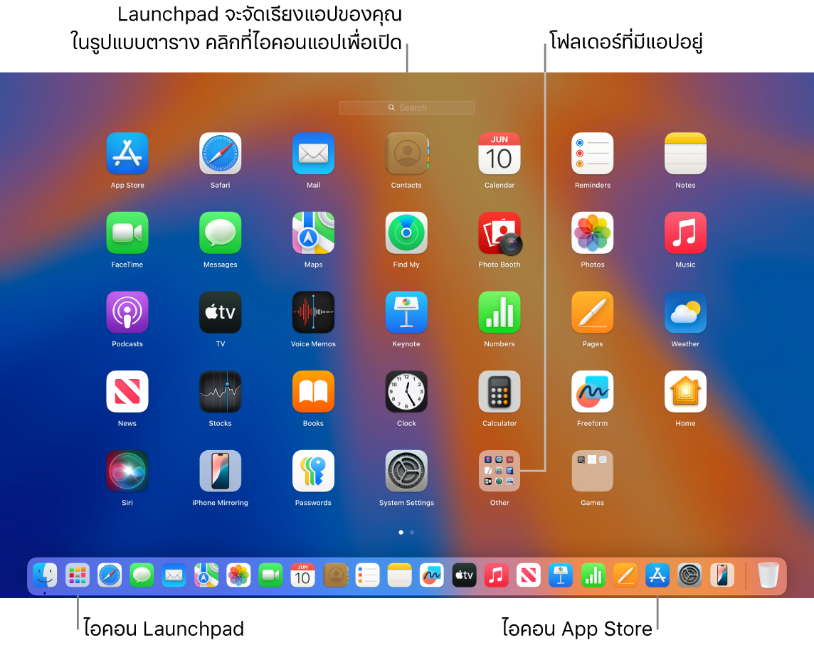 หน้าจอ Mac ที่เปิด Launchpad อยู่ แสดงโฟลเดอร์ของแอปใน Launchpad และไอคอน Launchpad และไอคอน App Store บน Dock