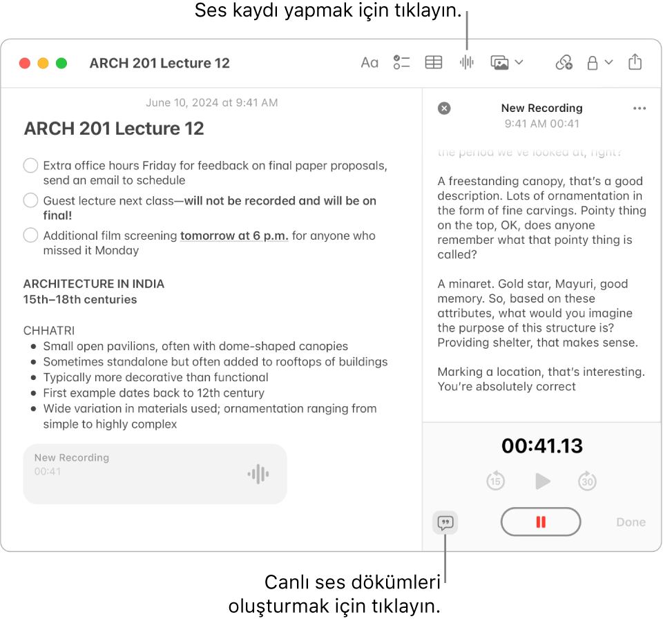 Yapılacaklar listesi, madde işaretli liste ve ses kaydı içeren bir notu gösteren Notlar penceresi. Ses Ayrıntıları penceresi açık ve ses kaydının dökümünü gösteriyor.