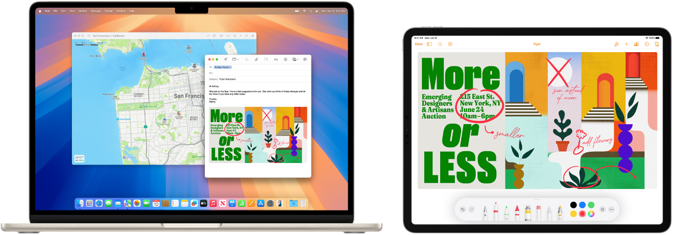 並排的 MacBook Air 和 iPad。iPad 螢幕上顯示帶有註解的傳單。MacBook Air 螢幕上顯示一則「郵件」訊息，附件為從 iPad 傳來已加上註解的傳單。