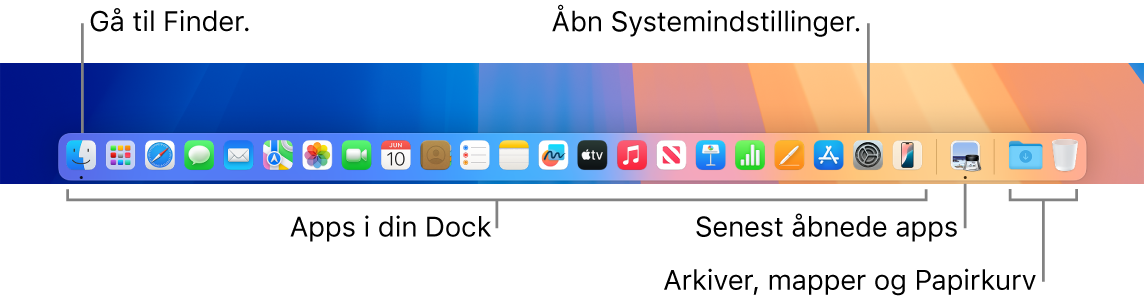 Et billede af Dock med Finder, Systemindstillinger og skillelinjen i Dock, der adskiller apps fra arkiver og mapper.