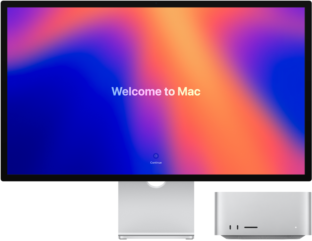 Studio Display og Mac Studio ved siden af hinanden med ordet “Velkommen til Mac” på skærmen.