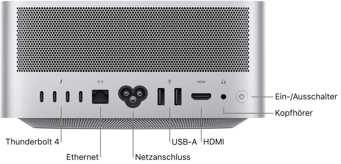 Die Rückseite des Mac Studio mit vier Thunderbolt 4 (USB-C)-Anschlüssen, dem Gigabit-Ethernetanschluss, dem Netzanschluss, zwei USB-A-Anschlüssen, dem HDMI-Anschluss, dem 3,5-mm-Kopfhöreranschluss und dem Ein-/Ausschalter