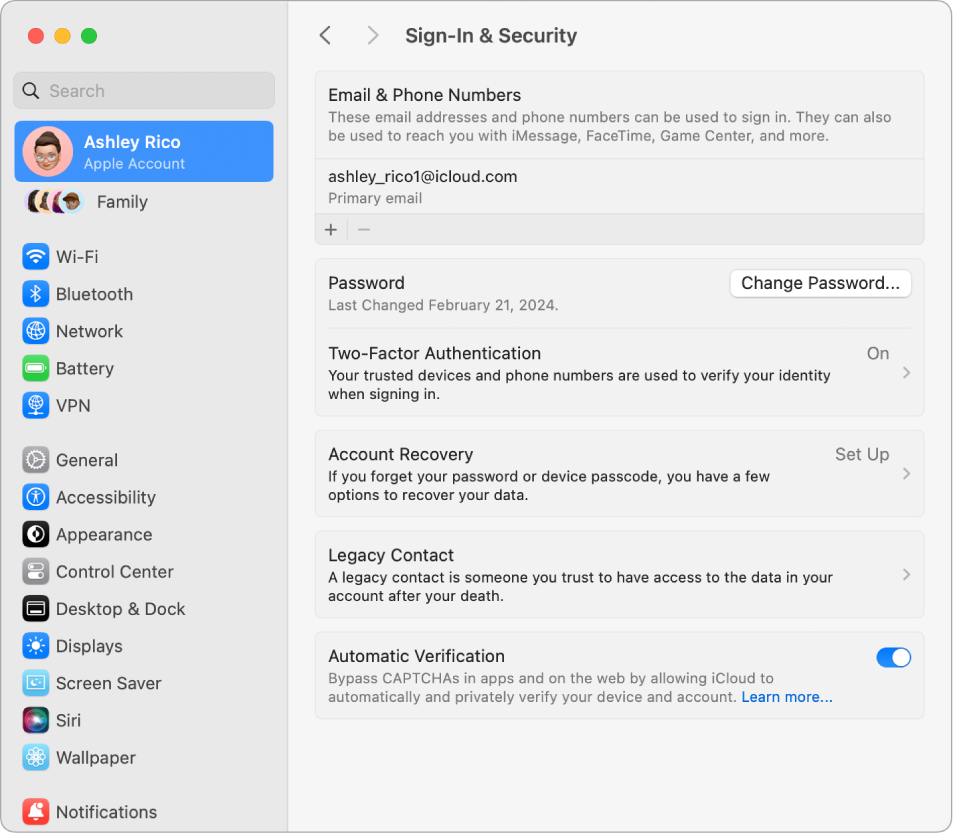 Der Apple-ID-Bereich „Passwort & Datenschutz“ in den Systemeinstellungen. Hier kann die Accountwiederherstellung oder ein Nachlasskontakt konfiguriert werden.