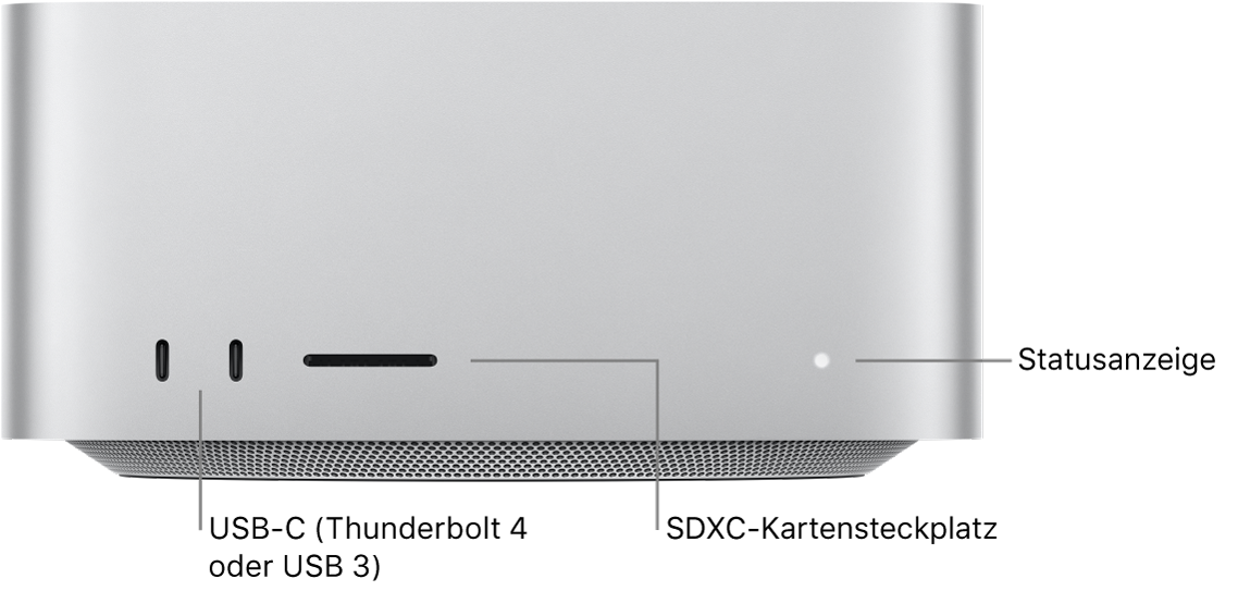 Vorderseite des Mac Studio mit zwei USB-C-Anschlüssen, dem SDXC-Kartensteckplatz und der Statusanzeige