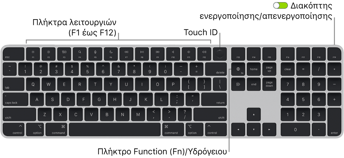 Το Magic Keyboard με Touch ID και αριθμητικό πληκτρολόγιο όπου φαίνονται η σειρά πλήκτρων λειτουργιών και το Touch ID στο πάνω μέρος, και το πλήκτρο Function (Fn)/Υδρογείου στα δεξιά του πλήκτρου Delete.