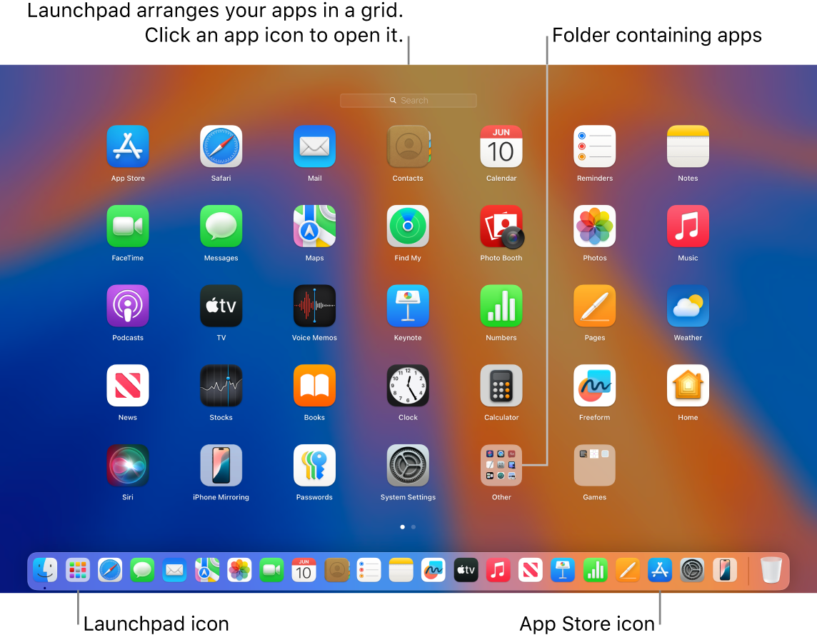 The Launchpad icon in the dock and open Launchpad window displaying various apps arranged in a grid on a Mac screen.