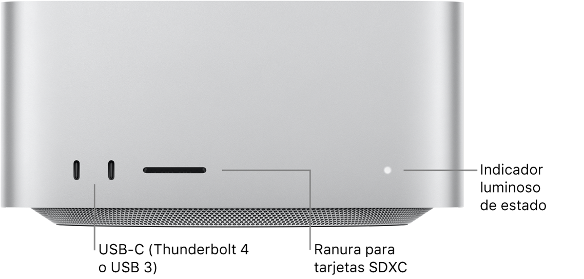 La parte delantera del Mac Studio con dos puertos USB-C, la ranura para tarjetas SDXC y el indicador luminoso de estado.