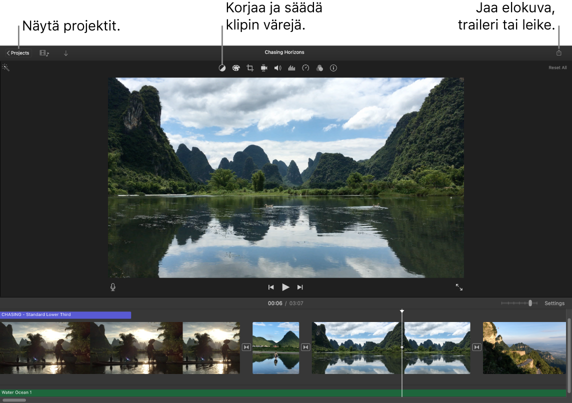 iMovie-ikkuna, jossa näkyy painikkeita projektien katselemiseen, värin korjaamiseen ja säätämiseen sekä elokuvan, trailerin tai videoklipin jakamiseen.