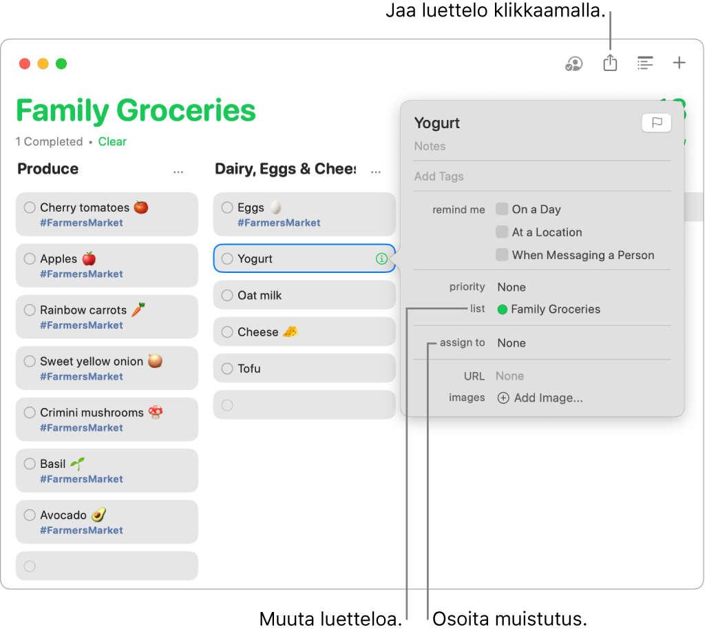 Macin Muistutukset-apin ikkunassa näkyvät jaettua kauppalistaa koskevan muistutuksen tiedot.