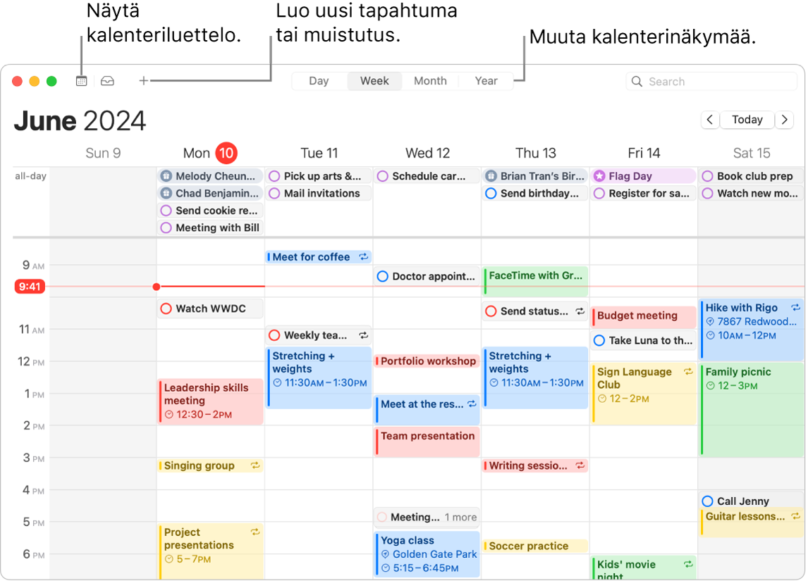 Kalenteri-ikkuna, jossa näkyvät kaikki kyseiselle viikolle ajoitetut tapahtumat ja muistutukset. Nuolet osoittavat painikkeita, joilla voi näyttää kalenteriluettelon, luoda tapahtuman tai muistutuksen ja valita päivä-, viikko-, kuukausi- tai vuosinäkymän.