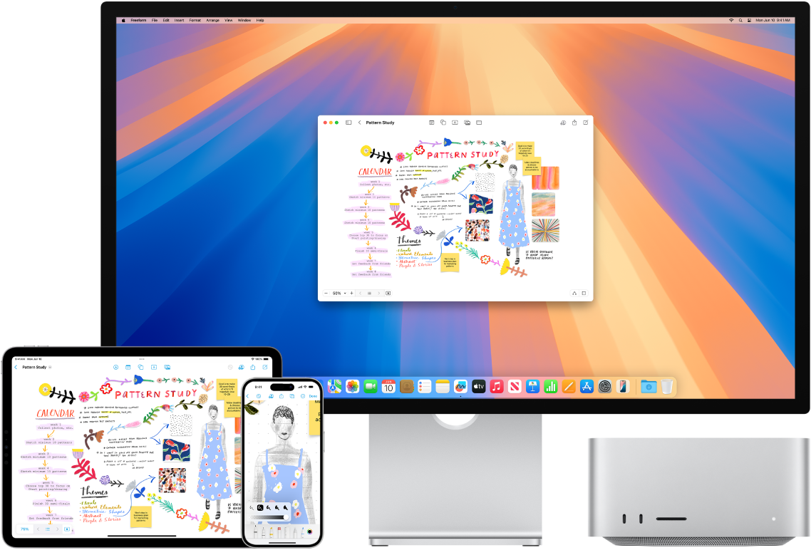 Mac, iPhone et iPad affichant le même tableau Freeform.