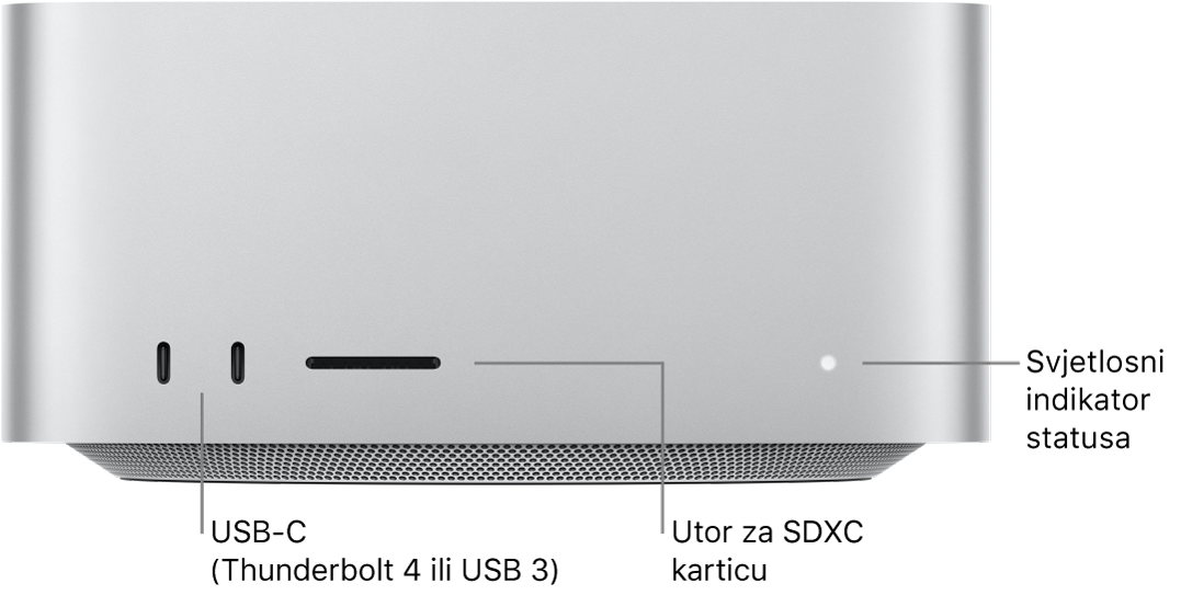 Prednja strana računala Mac Studio pokazuje dvije USB-C priključnice, utor za SDXC karticu i svjetlosni indikator stanja.